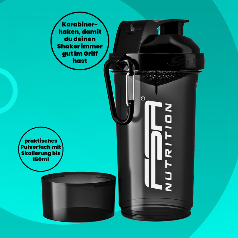 Protein Shaker 800ml mit Pulverfach für cremige Proteinshakes - Schwarz