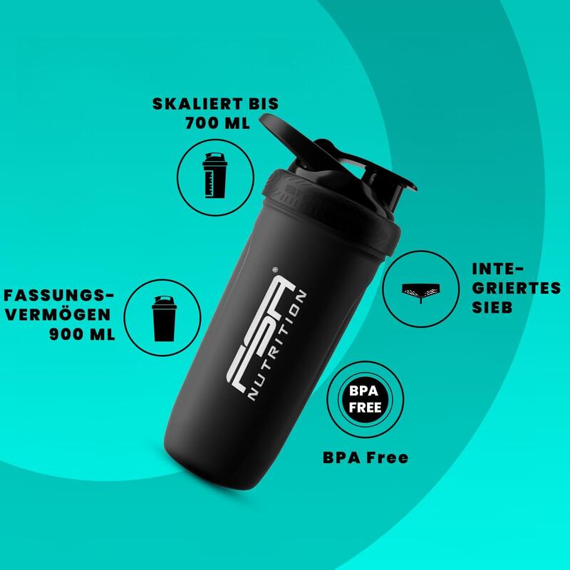 Edelstahl Protein Shaker 800ml mit Sieb für cremige Protein Shakes - Schwarz