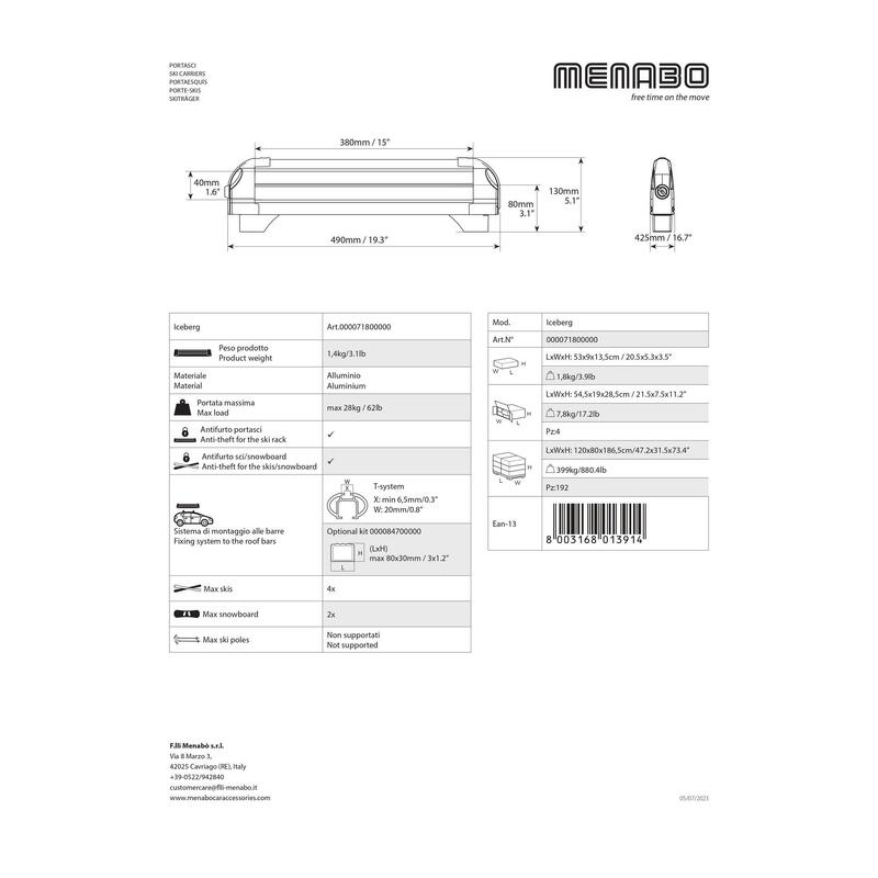 Suport ski/snowboard Menabo Iceberg 4  cu prindere pe bare transversale