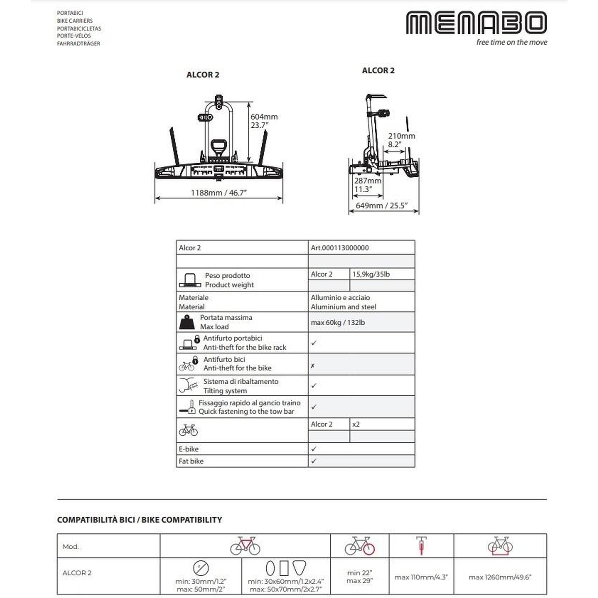 Suport biciclete Menabo Alcor 2 pentru 2 biciclete cu prindere pe carligul de