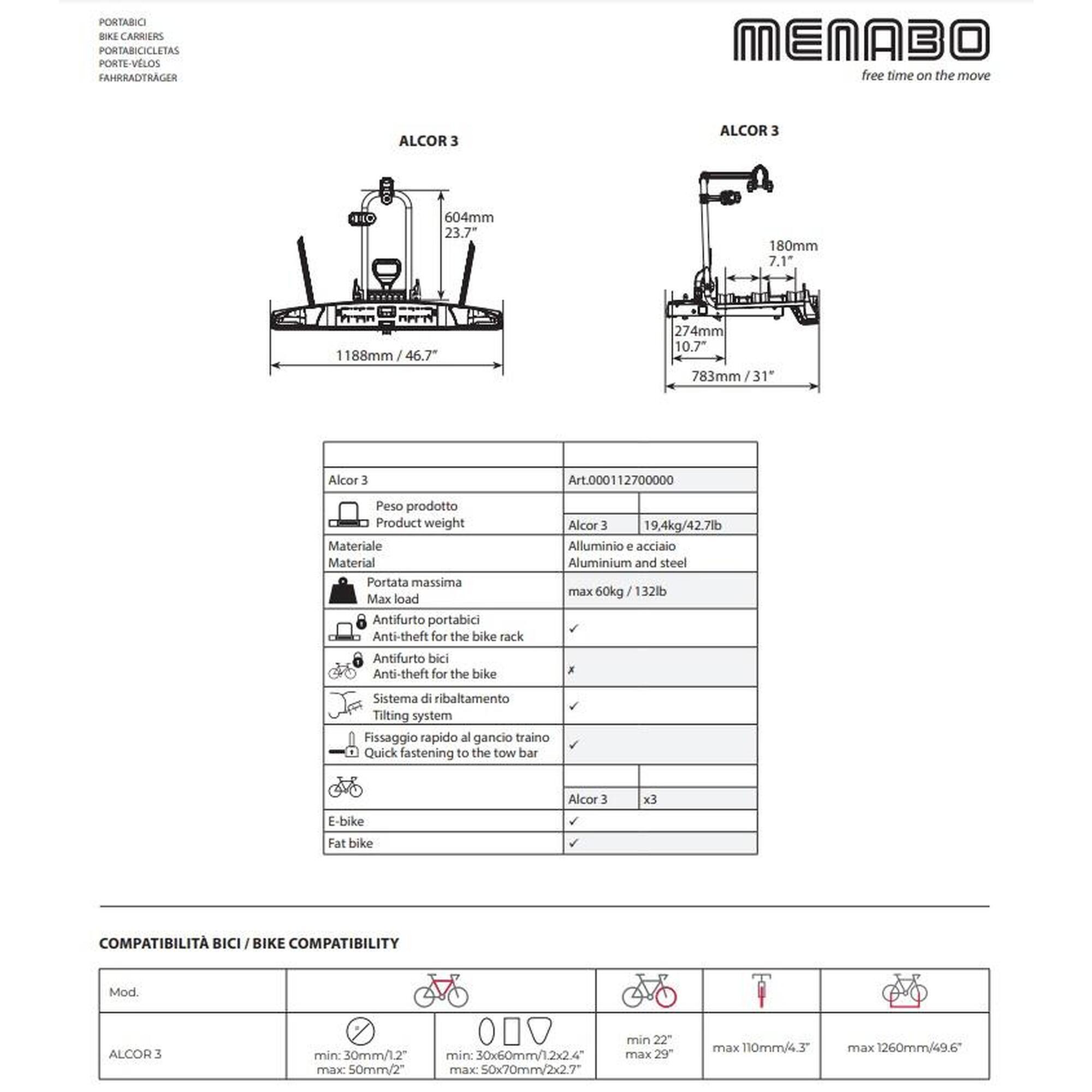 Suport biciclete Menabo Alcor 3 pentru 3 biciclete cu prindere pe carligul de