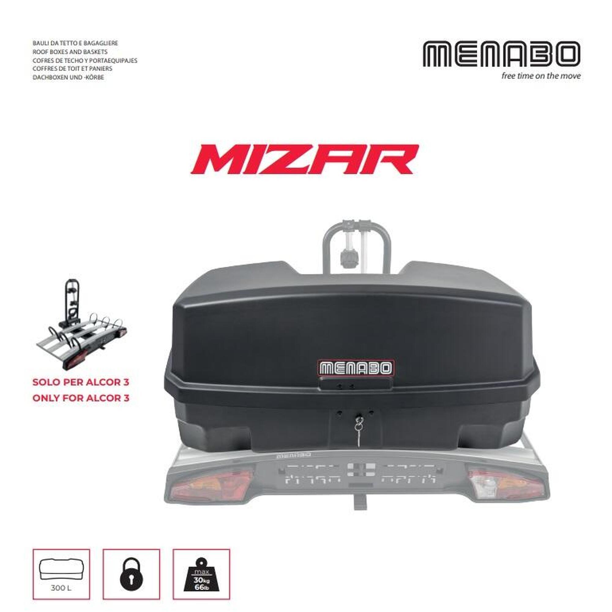Cutie portbagaj Menabo Mizar pe carlig, compatibila cu suport biciclete Menabo