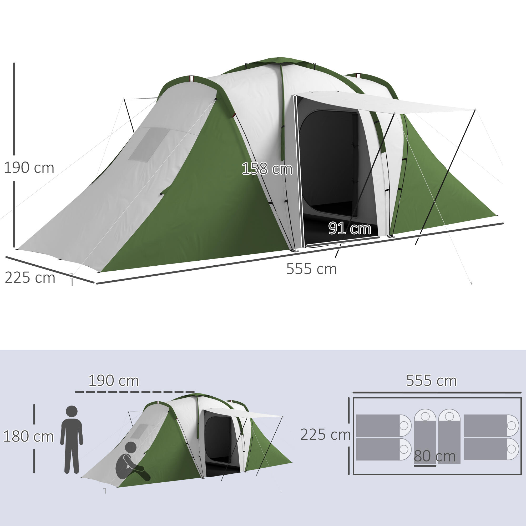 Tienda de Campaña Outsunny 555x225x190 cm Gris y Verde 3/8