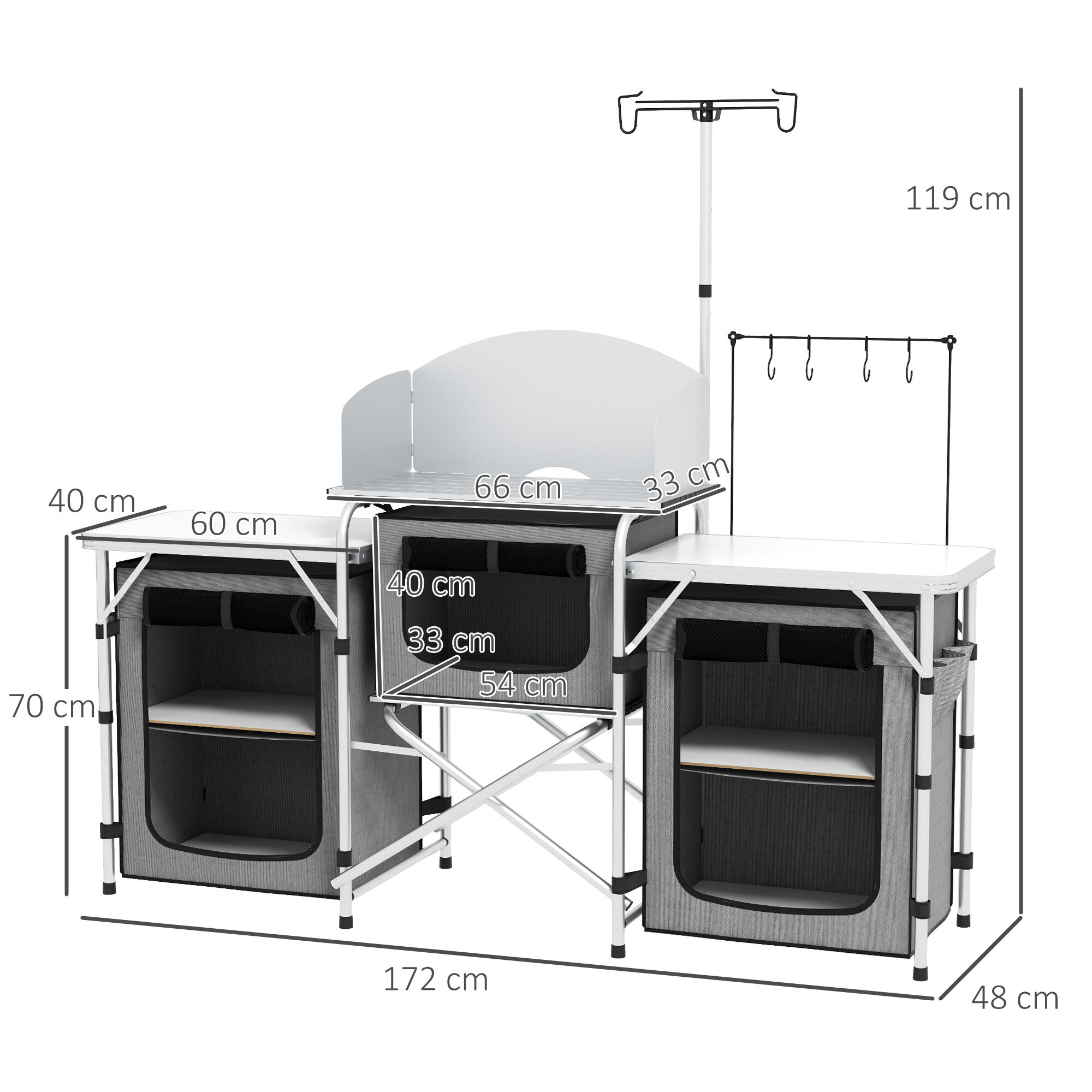 Outsunny Cucina da Campeggio Pieghevole a 3 Piani con 5 Ripiani e 4 Ganci Grigio 3/8