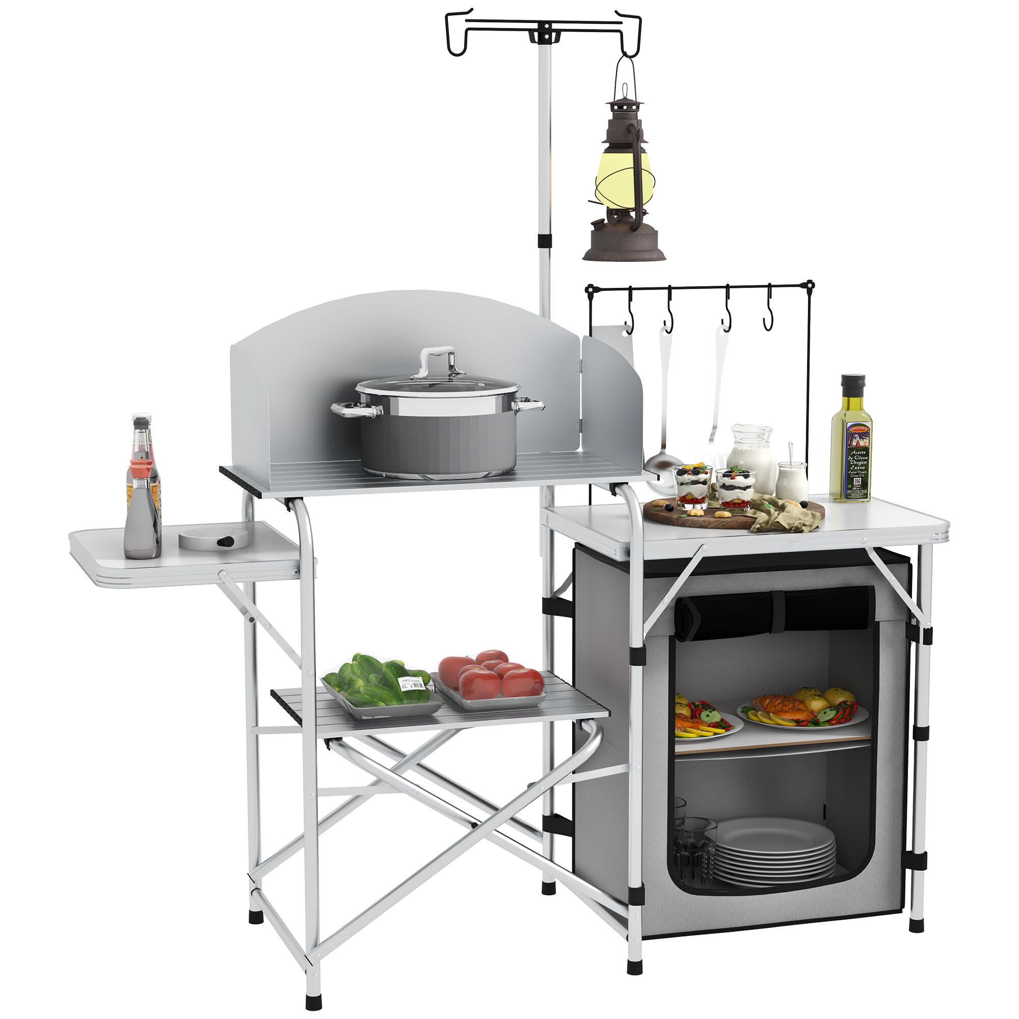 Móvel de cozinha para campismo 144x48x119 cm prata outsunny