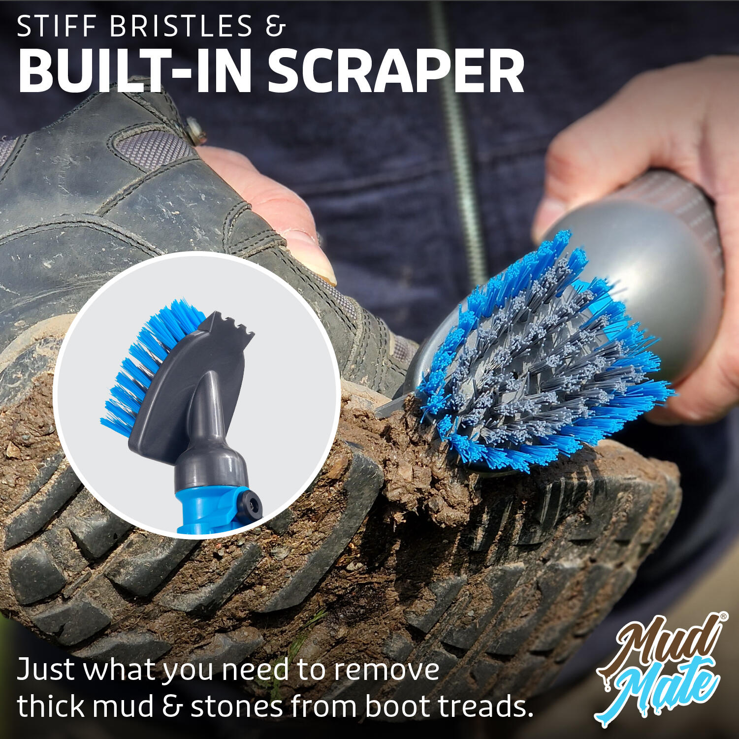 Mud Mate Multi-Use Boot Cleaner Brush & Scraper - for Muddy Boots & Shoes - with 7/7