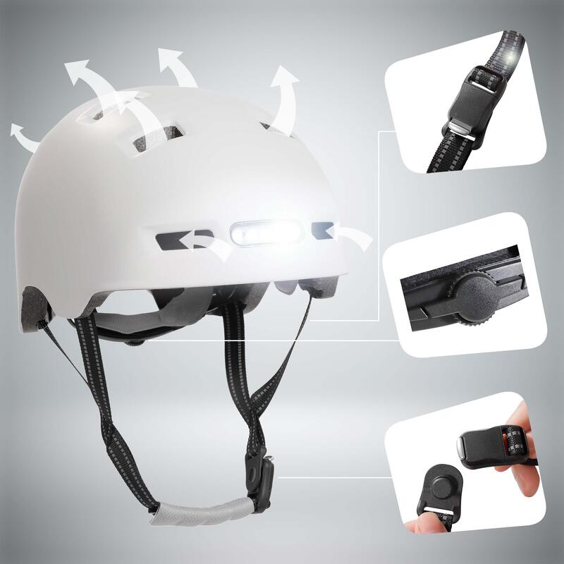 Capacete de bicicleta de skater com luz frontal e traseira | Branco M(54-57cm)