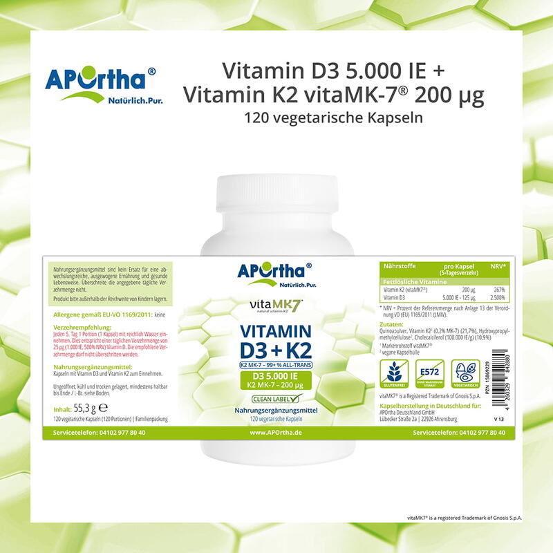 Vitamin D3 5.000 IE + Vitamin K2 vitaMK7® 200 µg - 120 vegetarische Kapseln