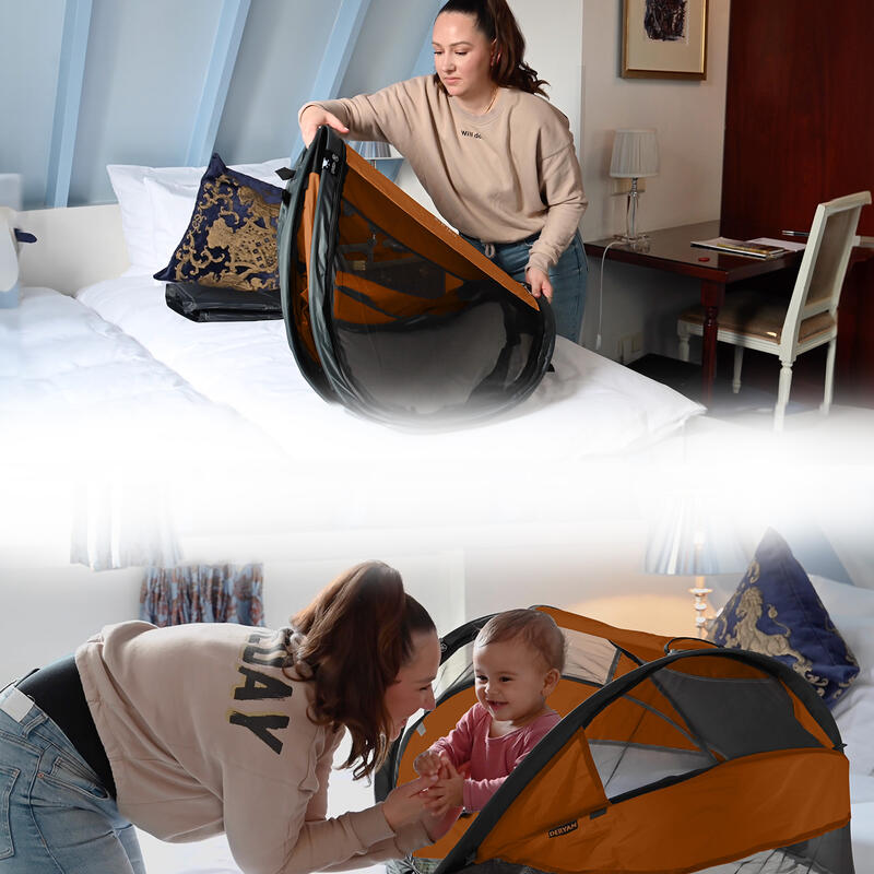 Cuna Baby Luxe Camping - Incluye colchón autoinflable - Caramel
