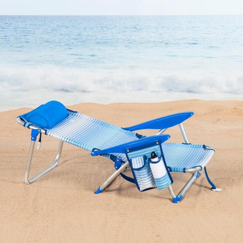 Cadeira de praia Aktive Low dobrável e reclinável 4 posições listras azuis