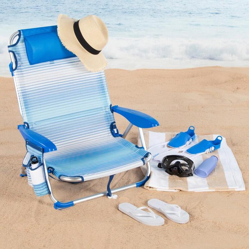 Cadeira de praia Aktive Low dobrável e reclinável 4 posições listras azuis