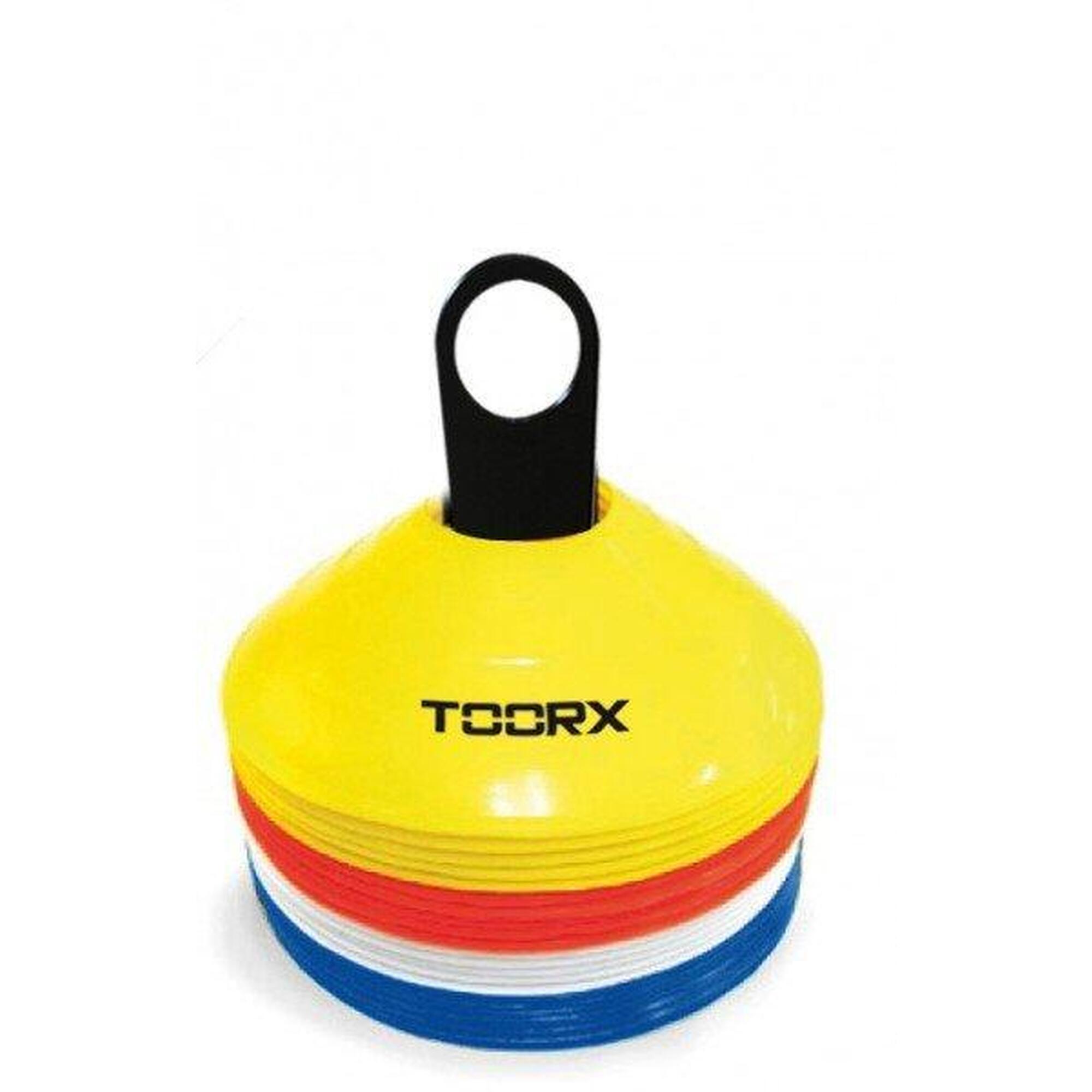 Toorx Agility Cones Set van 24 stuks - met rek - Geel/Rood/Wit/Blauw