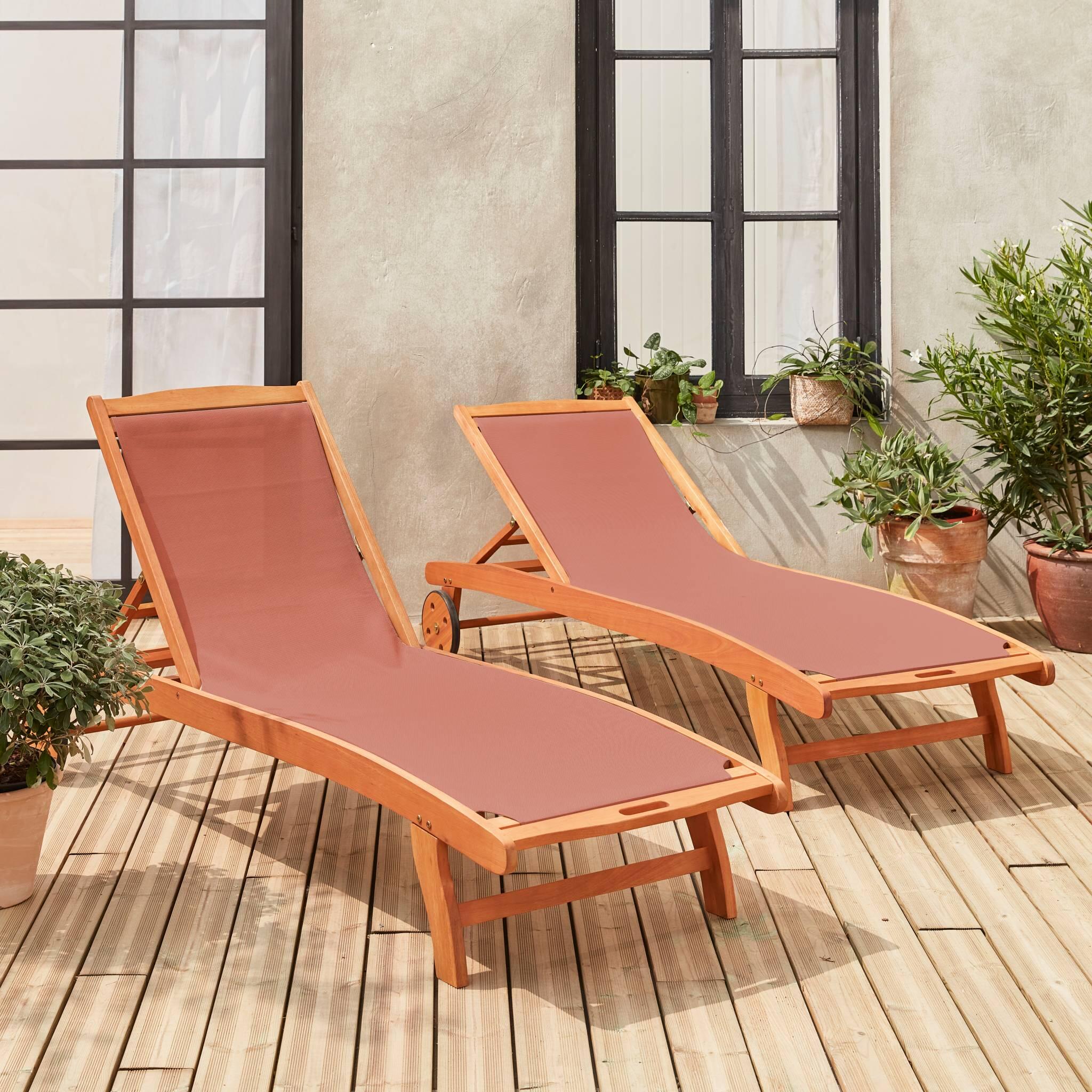Tumbona de madera multiposición con ruedas, set de 2, Terracotta 2/6
