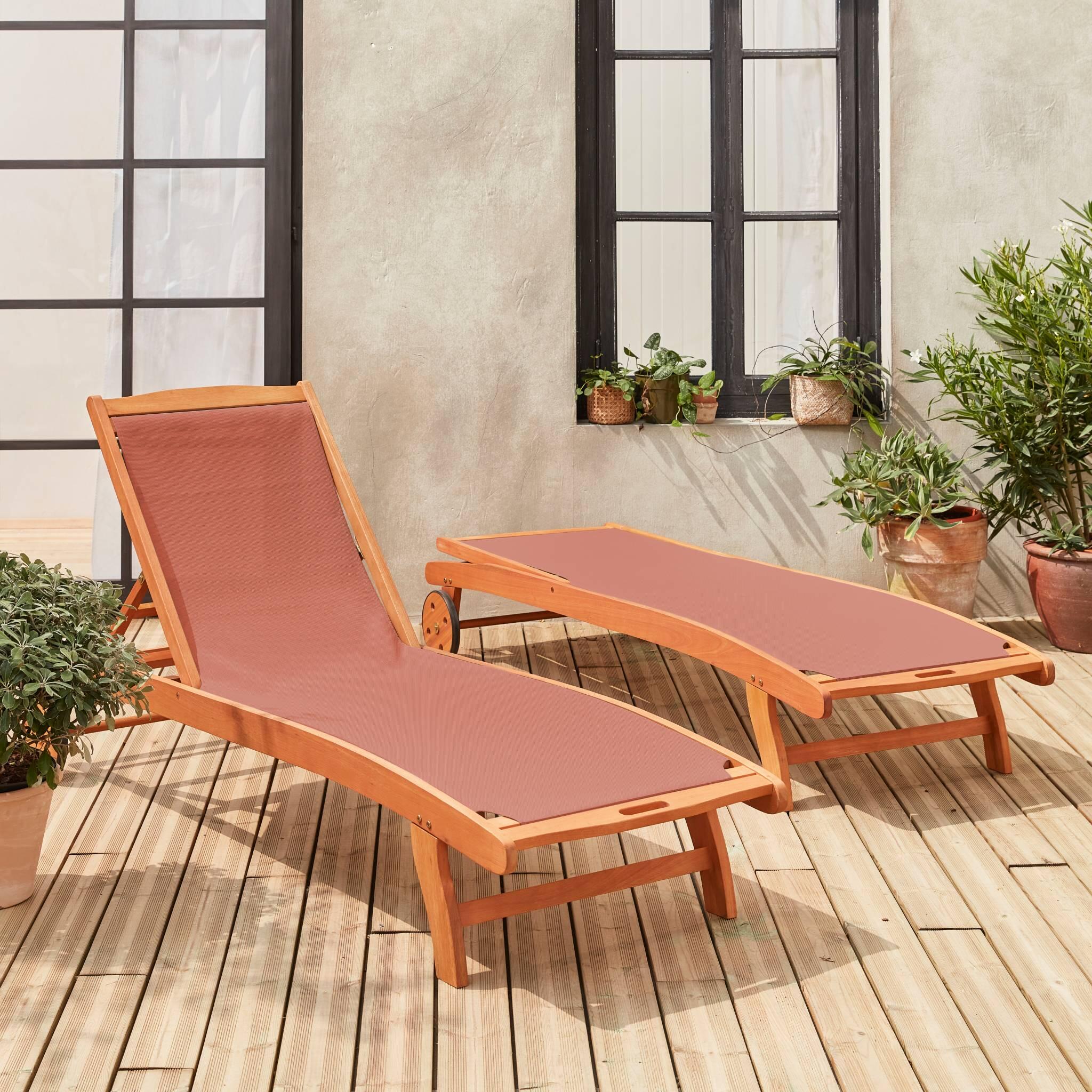 Tumbona de madera multiposición con ruedas, set de 2, Terracotta 3/6