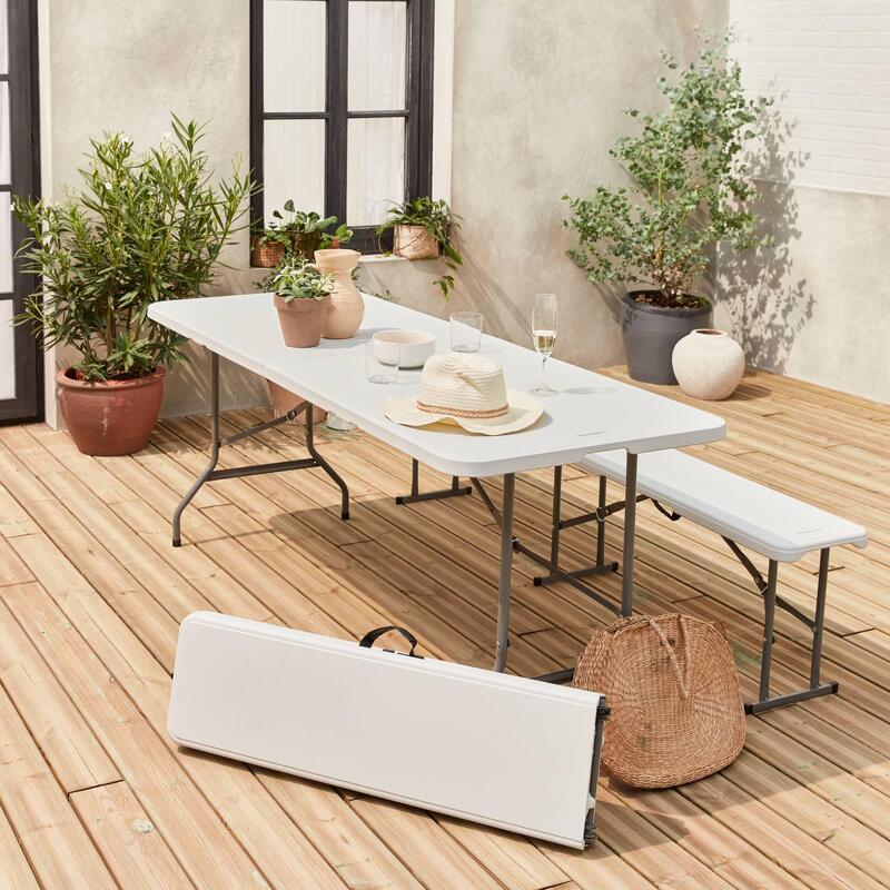 Mesa de receção dobrável em plástico e banco, Branco