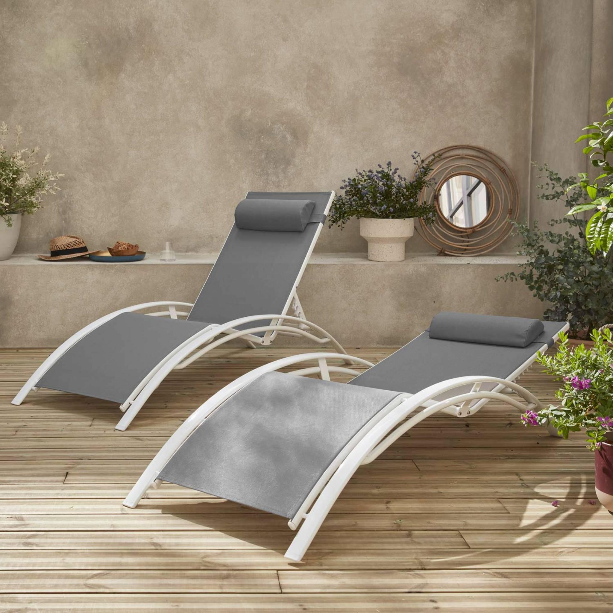 Tumbona de aluminio textileno, set de 2, Blanco 3/6