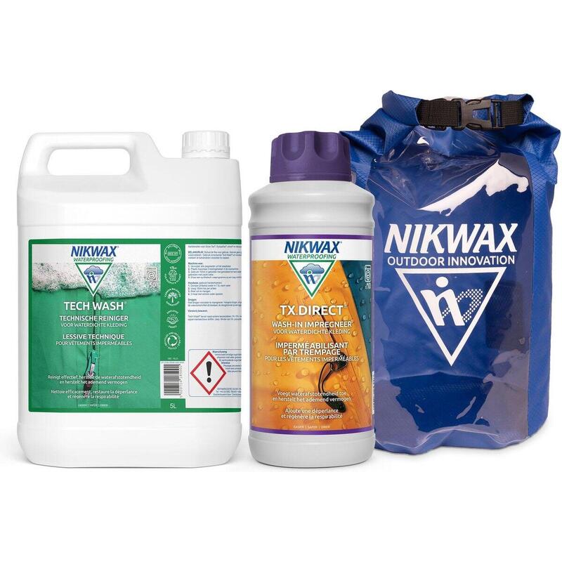 Lessive Tech Wash 5L & imperméabilisant Nikwax TX.Direct 1L + Extra Dry Bag 10L