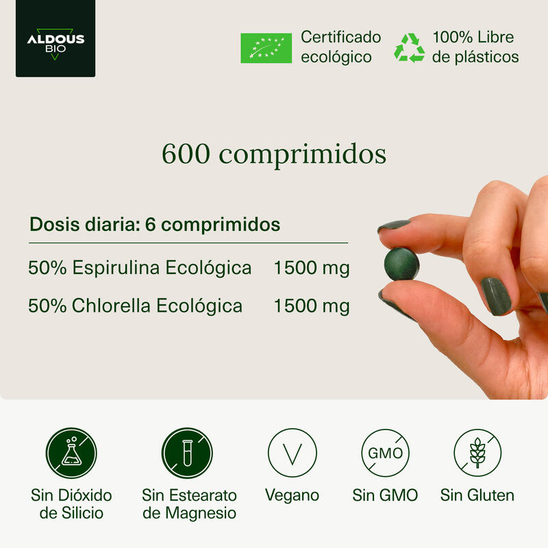 Espirulina y Chlorella Aldous Bio | 600 comprimidos