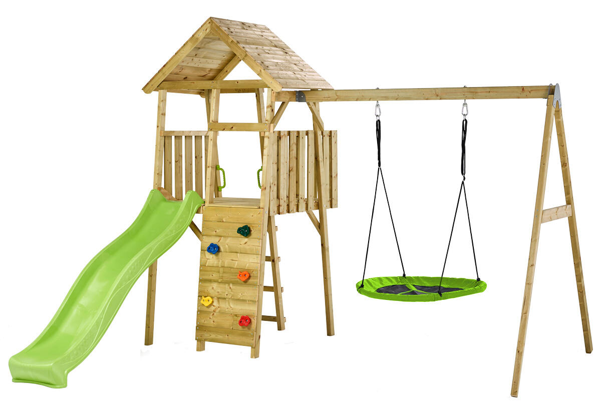 Aire de jeux bois, 2 balançoires, nid, toboggan, escalade, cabane WOODI 1/5