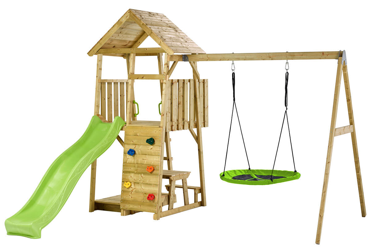 Aire de jeux : balançoire, nid, toboggan, escalade, bac à sable, table WOODI 1/5