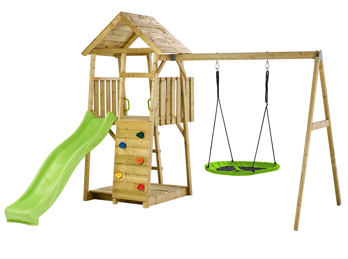 Aire de jeux bois, 2 balançoires, nid, toboggan, escalade, bac à sable WOODI 1/5