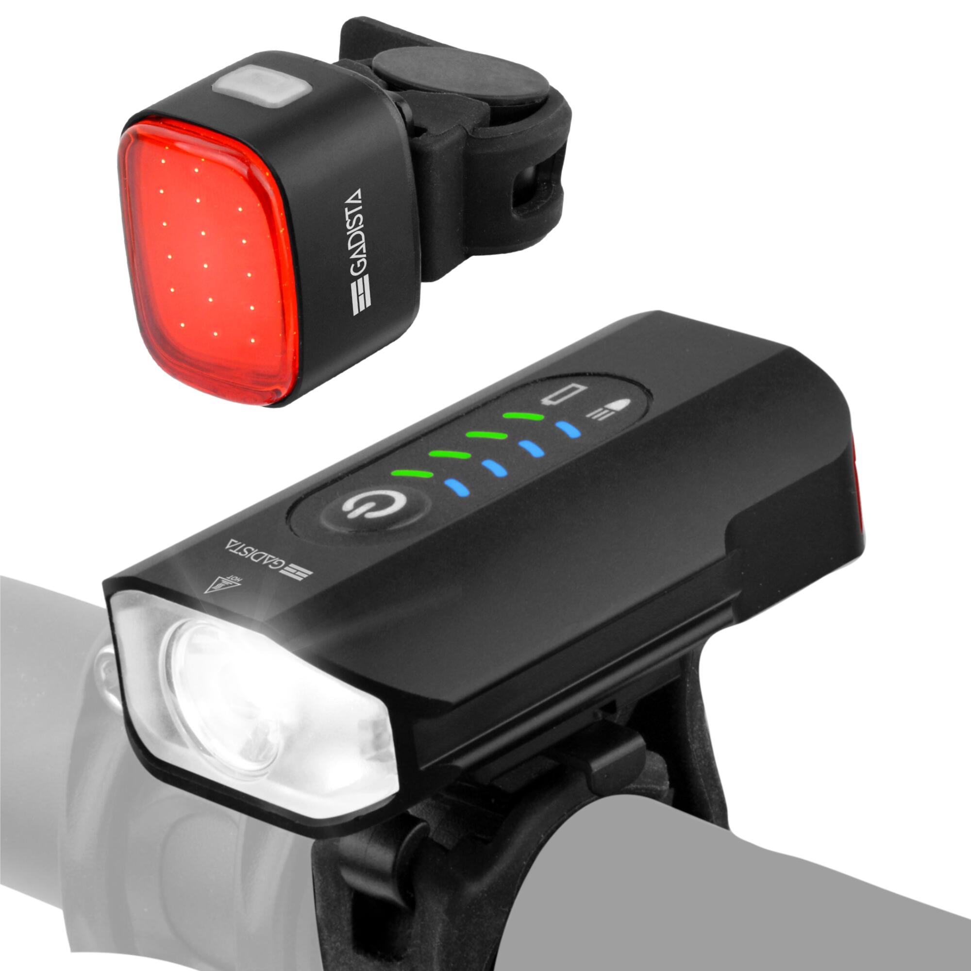 Gadista - Set Lumiere Velo Avant Et Arriere Rechargeable En Alu Avec Affichage Du Niveaux - Éclairage Vélo - Noir - 60 Mm - Decathlon