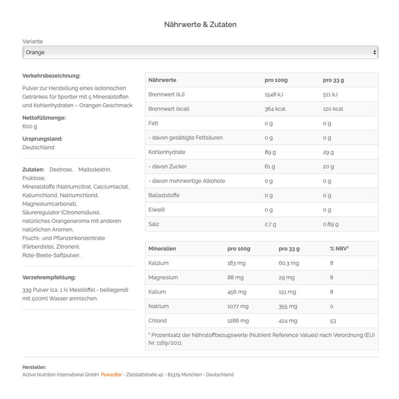 Powerbar Isoactive Orange 1320g - Isotonisches Sportgetrank - 5 Elektrolyte