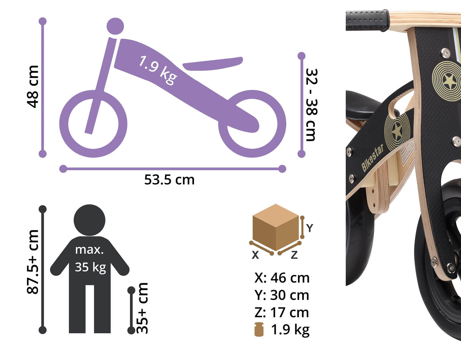 Bikestar, houten loopfiets, 10 inch wielen, zwart 3/5