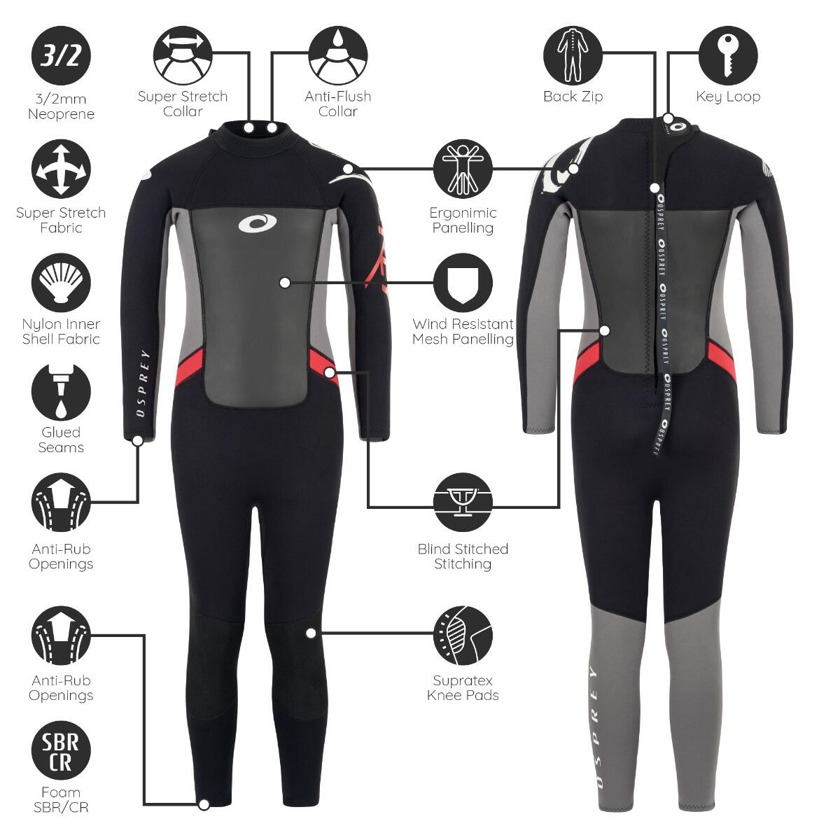 Osprey Kids Origin 3mm Wetsuit | Full Length Neoprene Wetsuit, Red 4/6