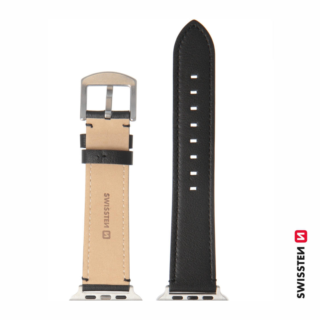 Pulseira Swissten Leather BandApple Watch 42-49mm black/sv 3/4