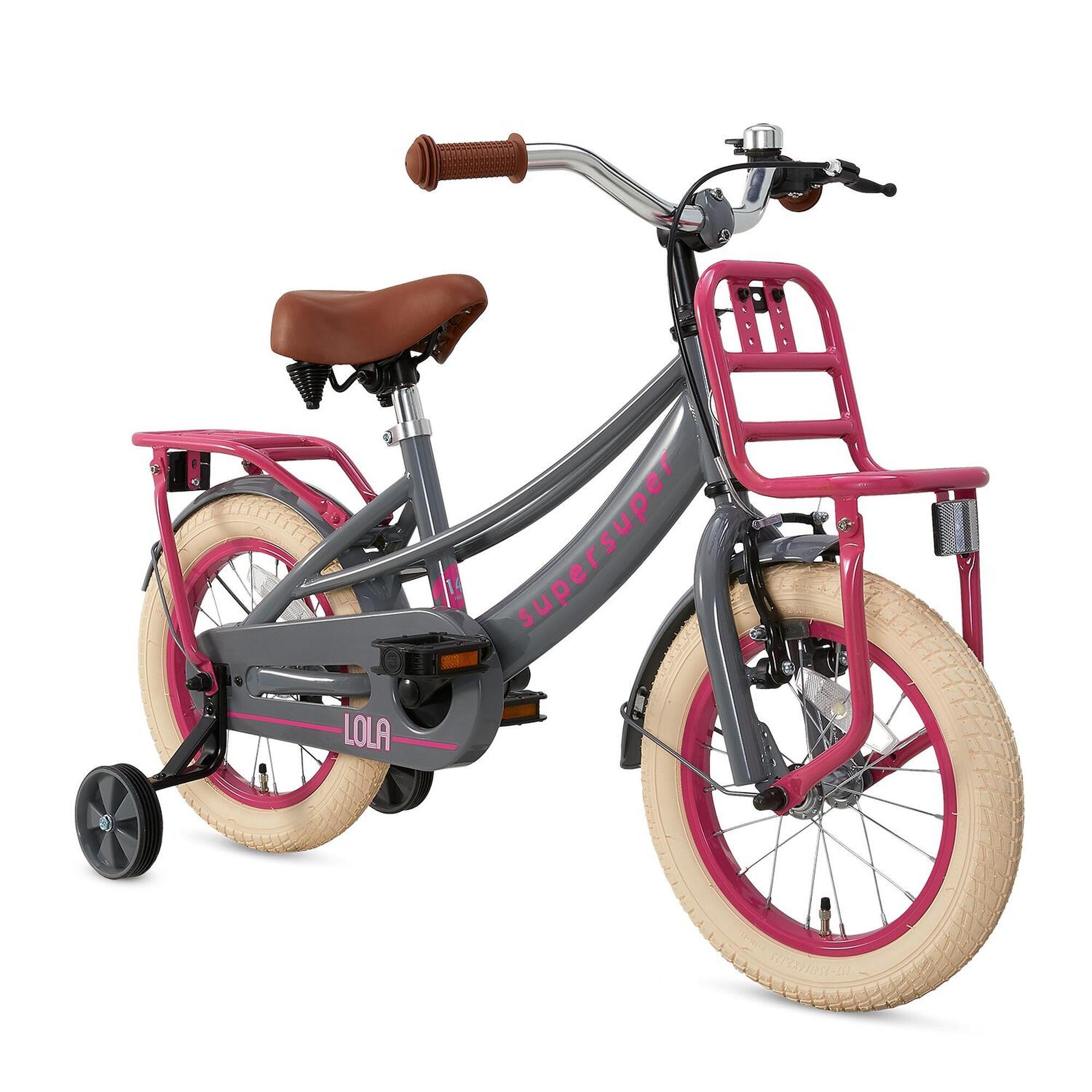 Vélo Enfant Supersuper Lola - Filles - 14 Pouces - Gris / Rose