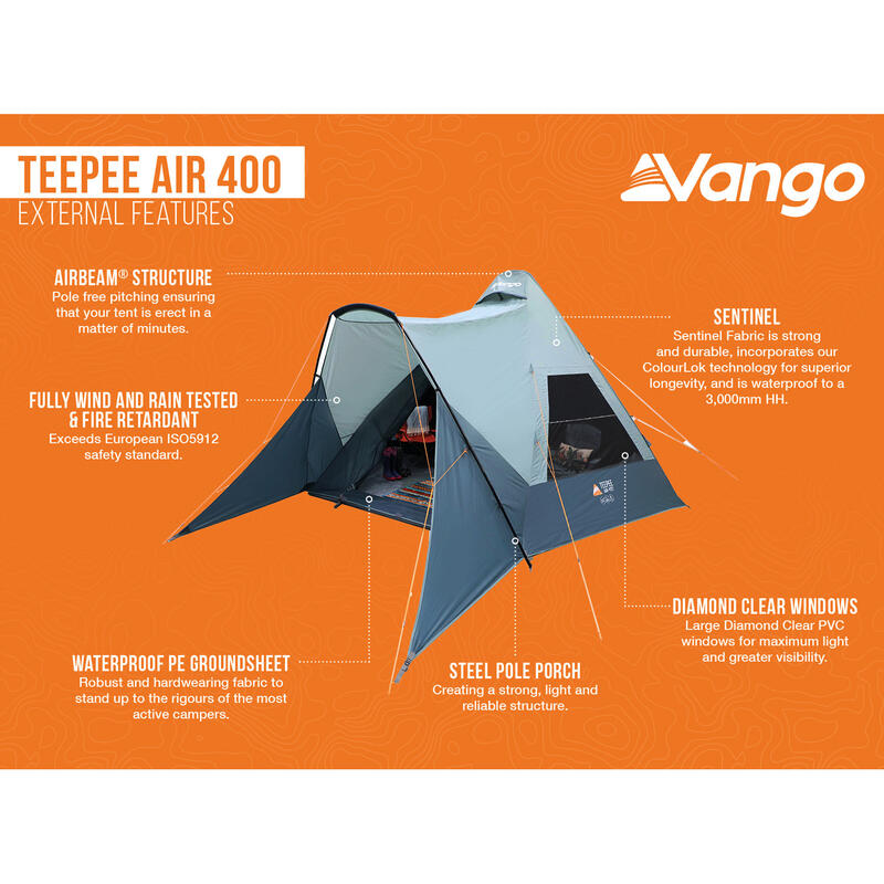 Kampeertent Teepee Air 400 Airbeam 4 persoons tipi familieluchttent