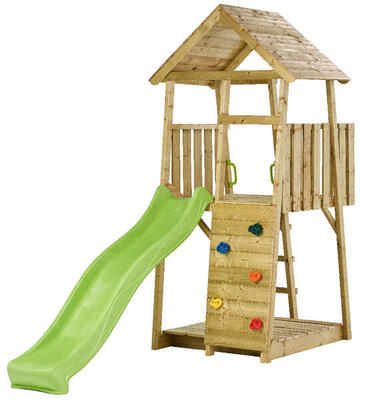Torre giochi in legno: scivolo parete da arrampicata casetta e sabbiera WIKI