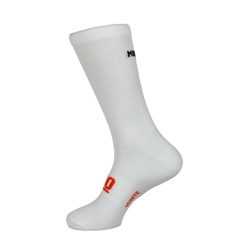 Calcetines de Ciclismo Altos Transpirables Bordados Classy Evo II Mooquer Blanco