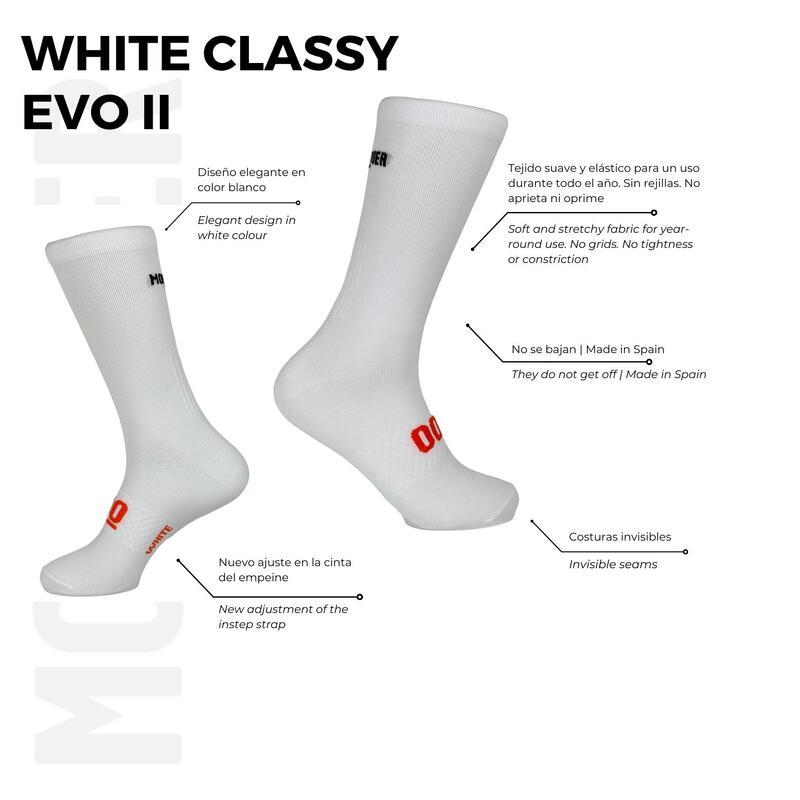 Chaussettes de Cyclisme Hautes Respirantes Brodées Classy Evo II Mooquer Blanc