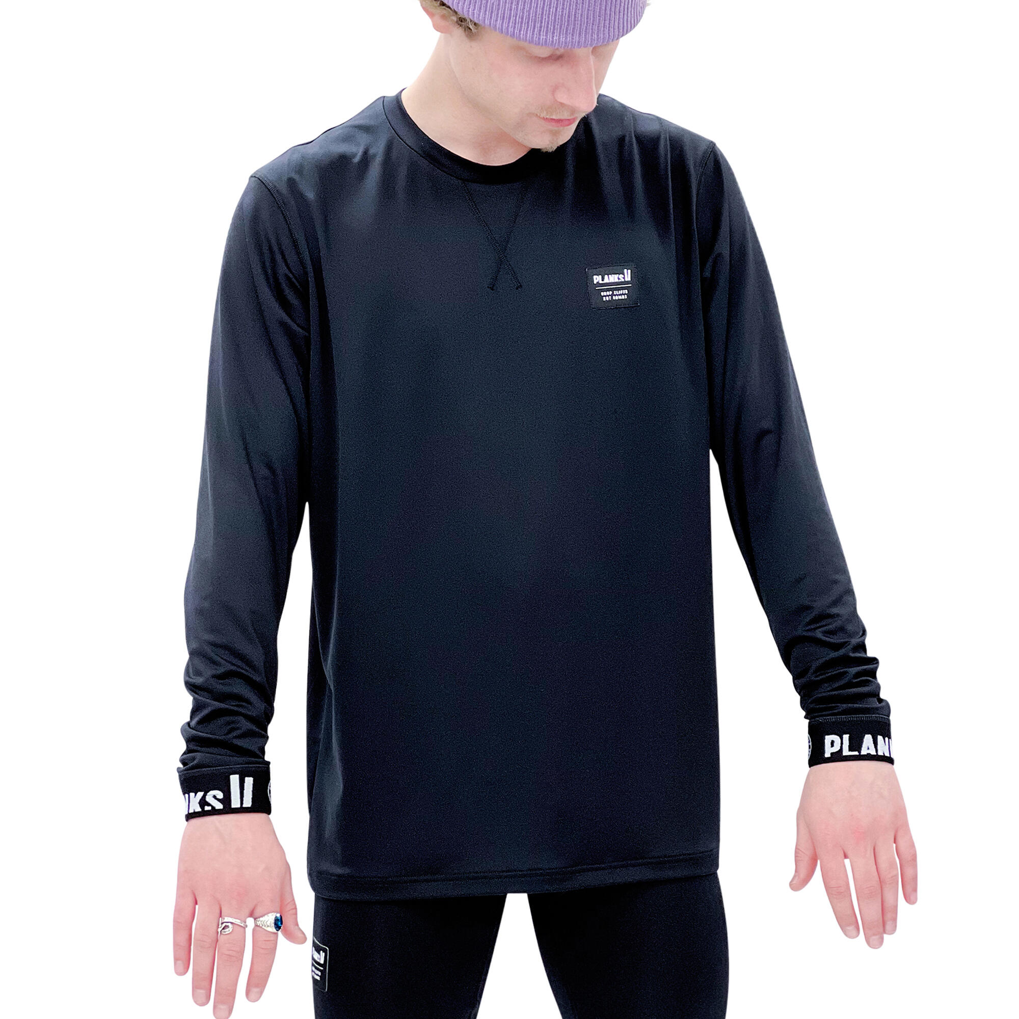 Planks Men's Fall-Line Base Layer Top in Black - Long Sleeve Fitness T-Shirt 1/3