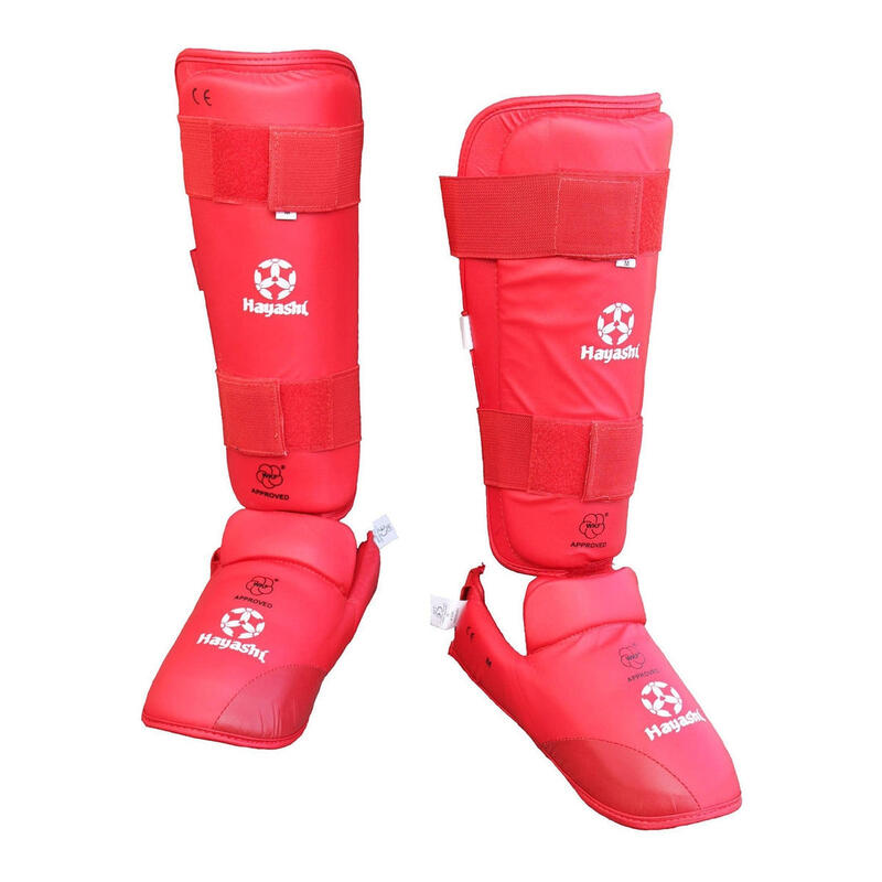 Protecție pentru gambe cu protecție pentru picior, WKF, Hayashi, Karate, roșu