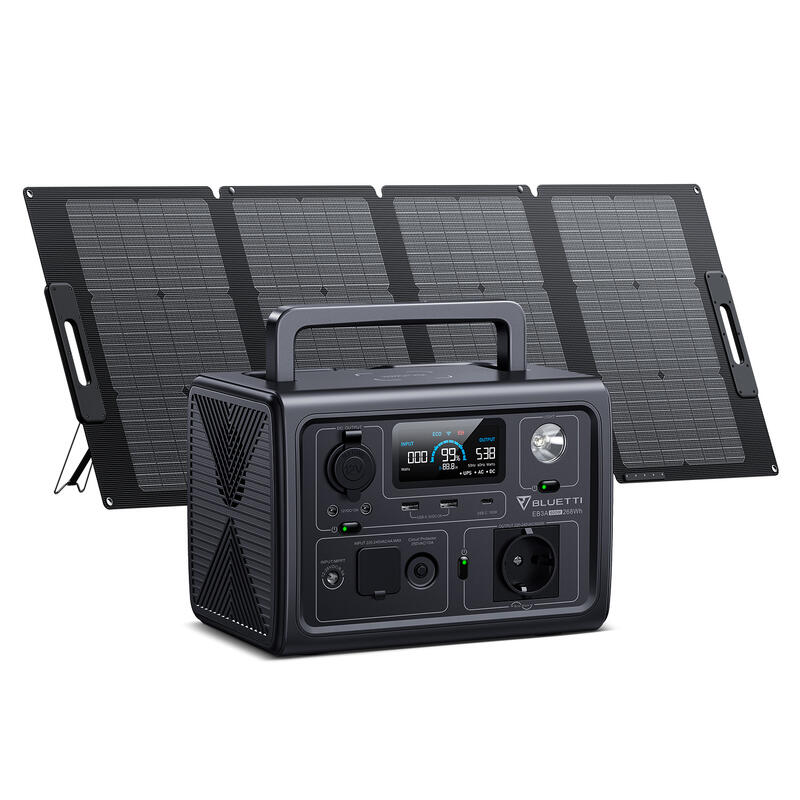 Gerador solar BLUETTI 268Wh/600W EB3A+PV120S para campismo ao ar livre
