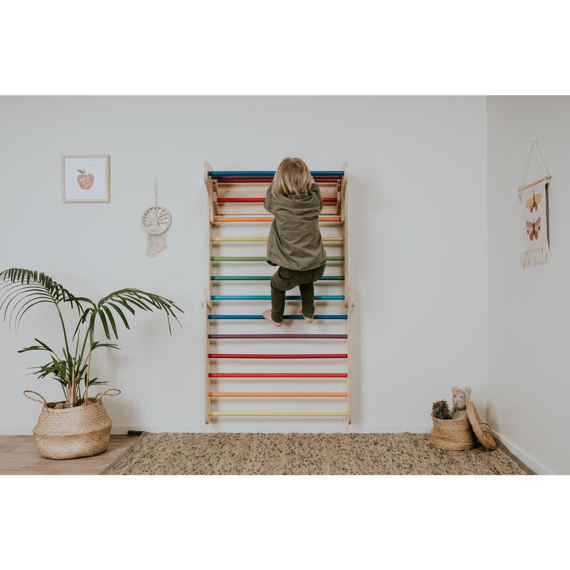 Klettergerüst Sprossenwand mit Rampe und Rutsche Indoor, Kletterdreieck, Bunt