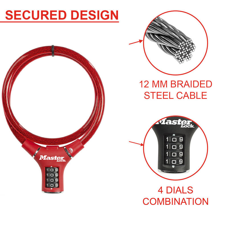Antifurt Master Lock cablu impletit cu cifru 900 x 12mm Rosu