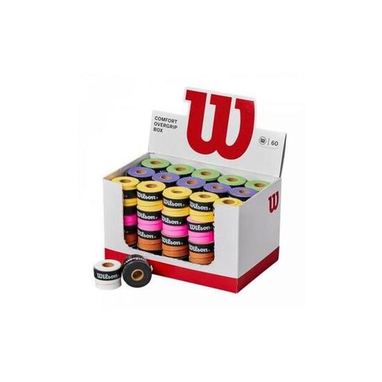 BOX OF 60 WILSON OVERGRIPS IN A VARIETY OF COLOURS