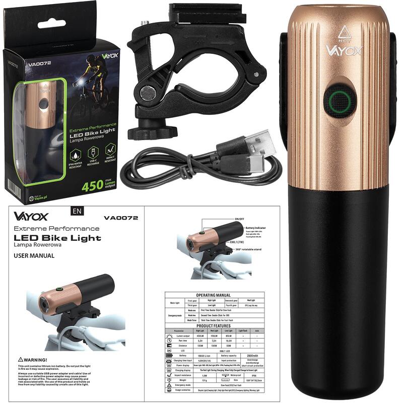 VAYOX VA0072 + VA0048 USB-fietsverlichtingsset voor en achter