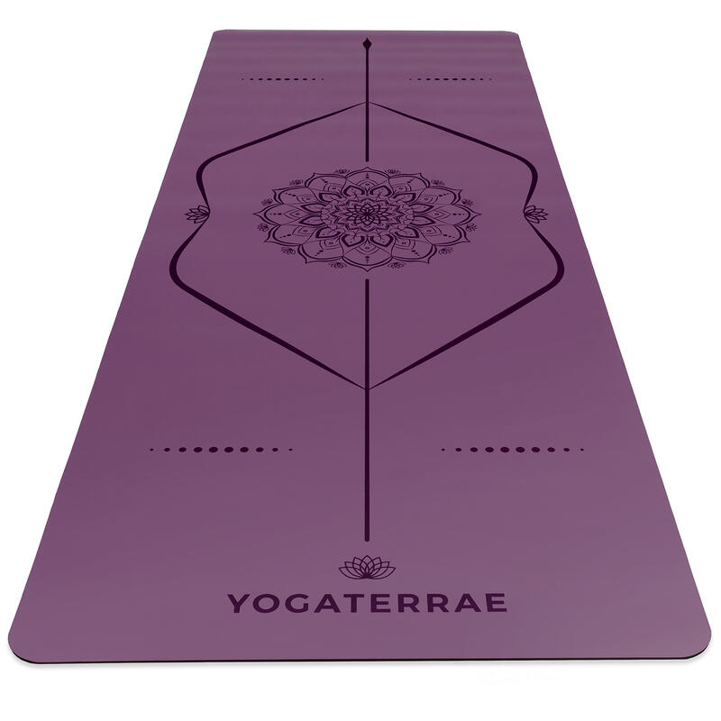 Amethist Paarse yogamat PU en rubber MANDALA + LICHAAMSLIJNEN + transport tas