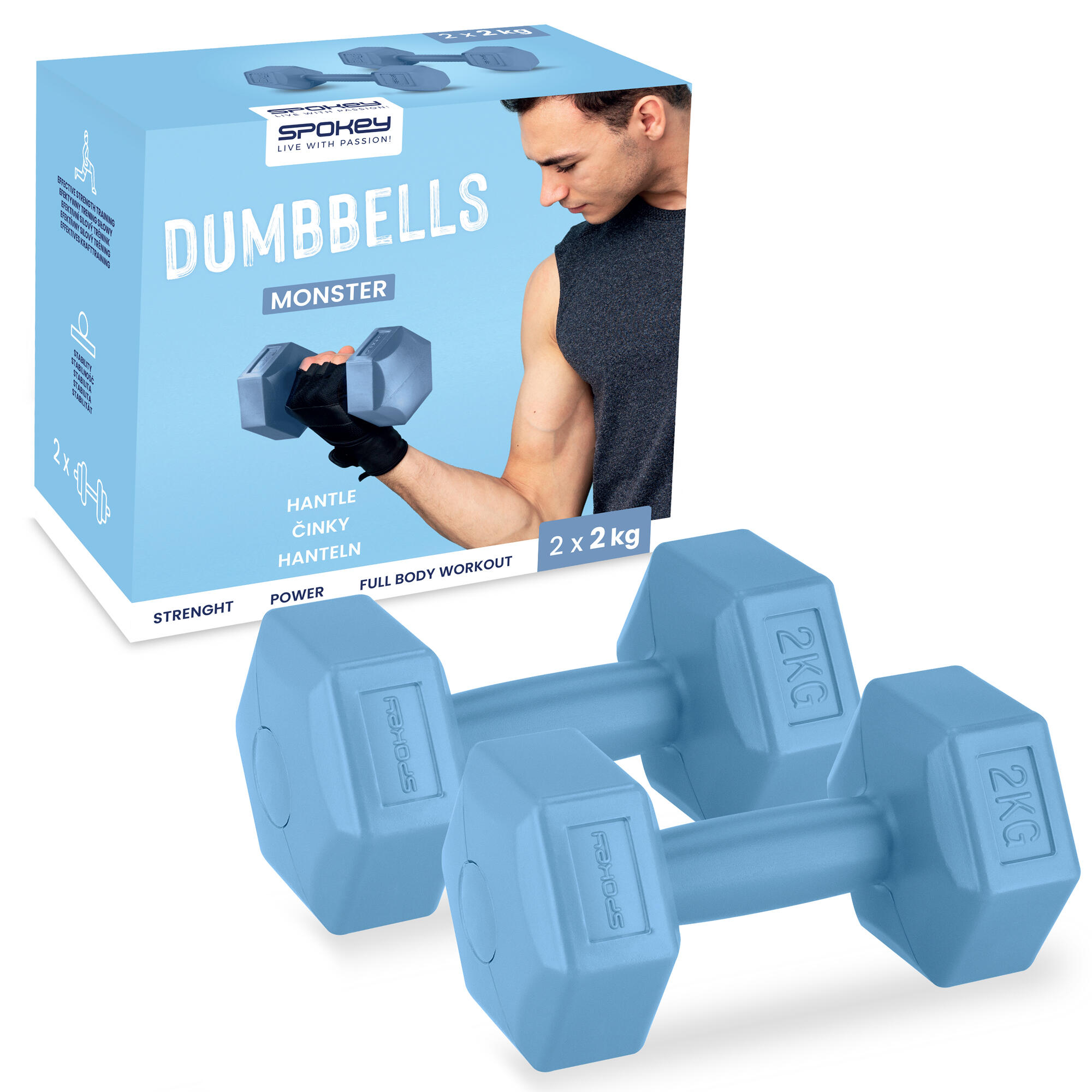 Hexagonale halters set 2x 2kg lichtblauw MONSTER 6/7