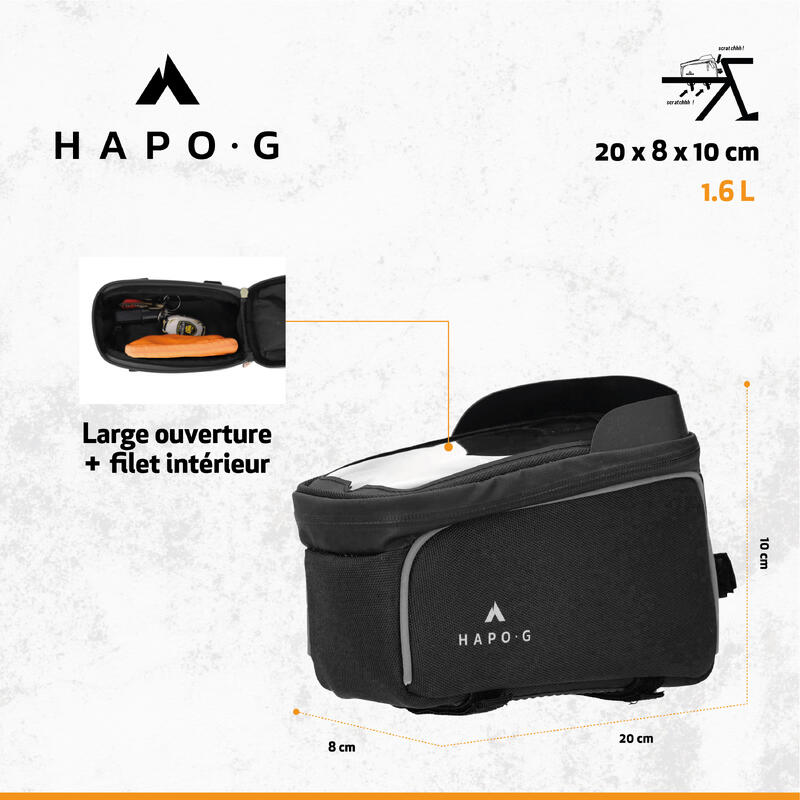 Sacoche de cadre vélo 1,6L Noir - Support smartphone avec pare-soleil - HAPO-G