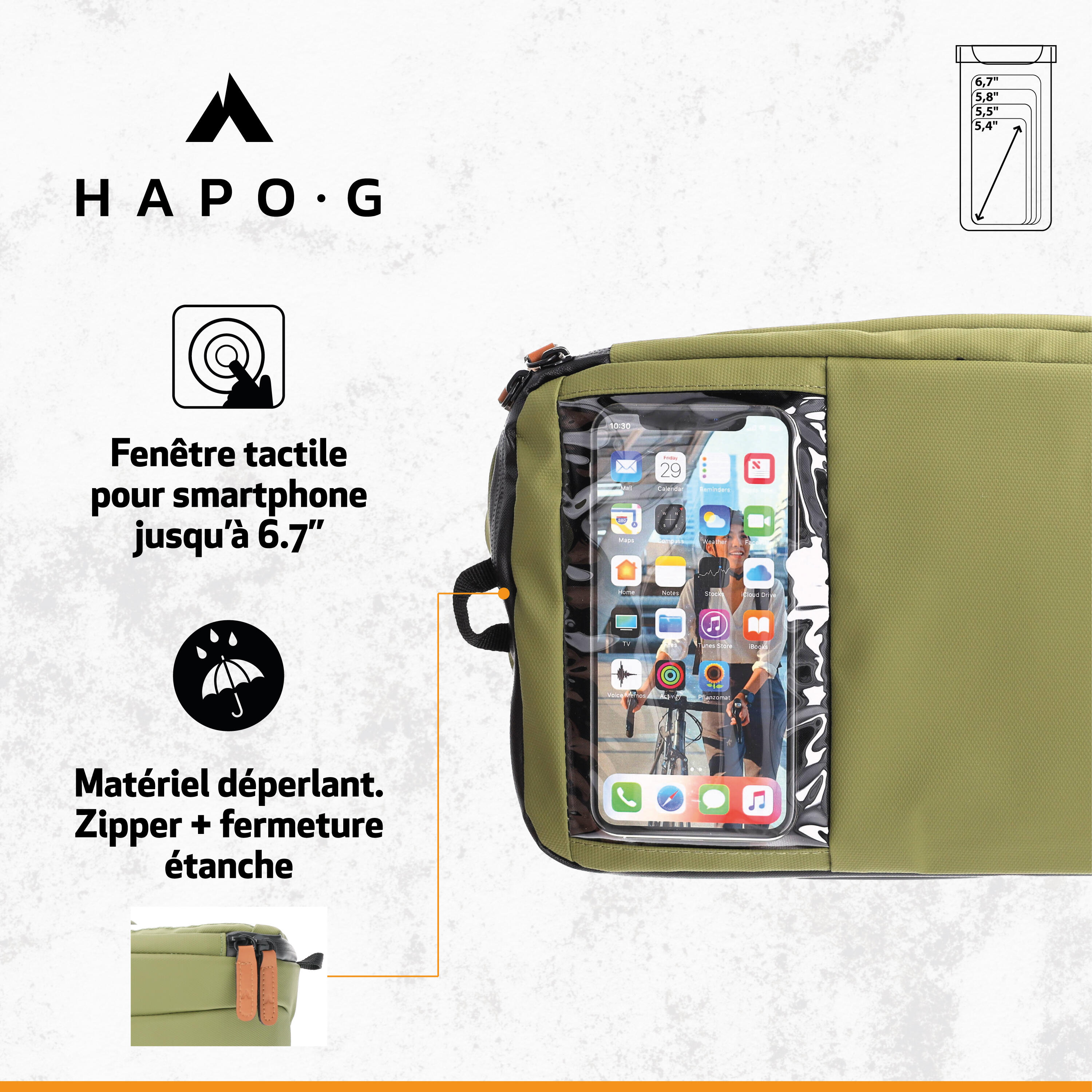 Sacoche de guidon vélo waterproof 7L KAKI - Support smartphone - HAPO-G 4/7