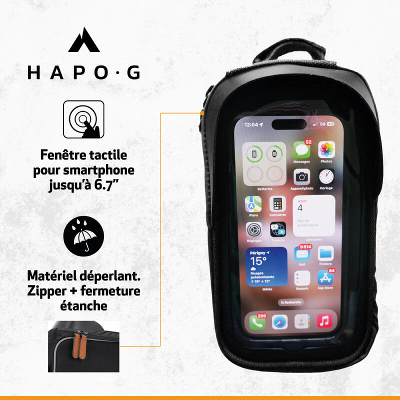 Sacoche de cadre vélo 1,6L Noir - Support smartphone avec pare-soleil - HAPO-G