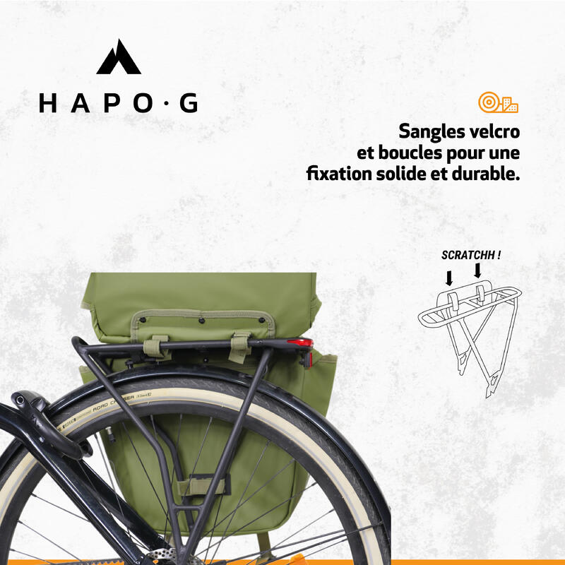 Sacoche double vélo porte-bagage étanche 27L, 2x13,5L KAKI - HAPO-G