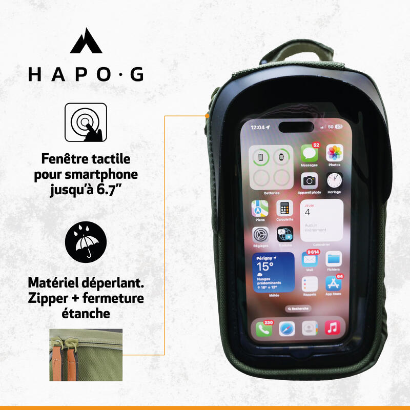 Sacoche de cadre vélo 1,6L Kaki - Support smartphone avec pare-soleil - HAPO-G