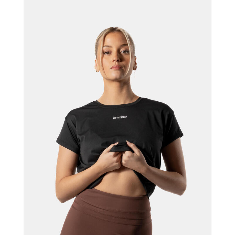 Crop Top T-shirt Fitness Damen Schwarz - Lift Kollektion - AW Active